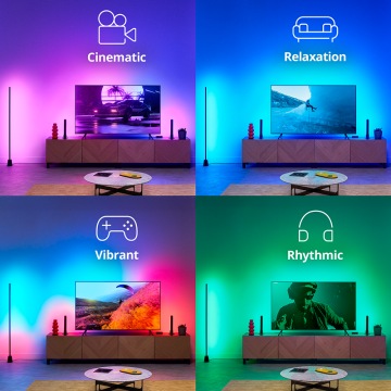 Four images showing Sync Box pre-set modes and color changing lights that react to the TV screen.